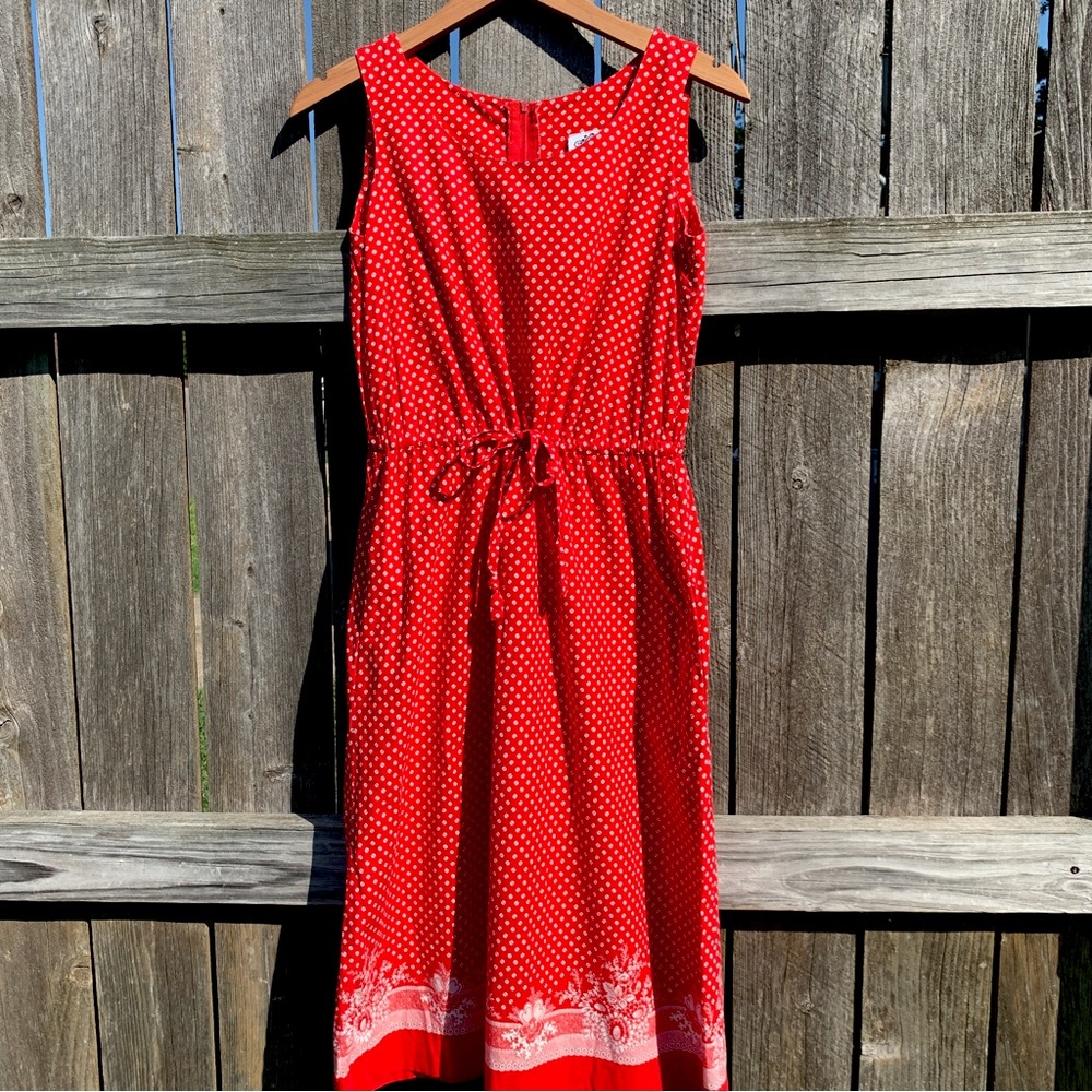 Vintage 1960s red and white polkadot dress with floral hem by Lanz Originals